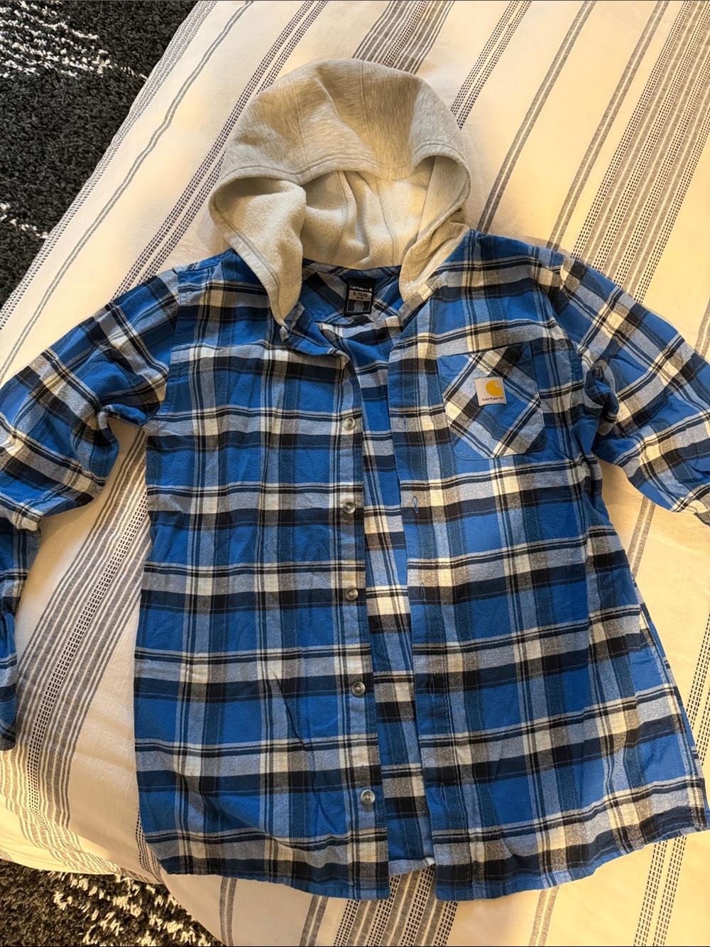 Carhartt Blue and Gray Plaid Hooded Button-Down Shirt XL 18-20